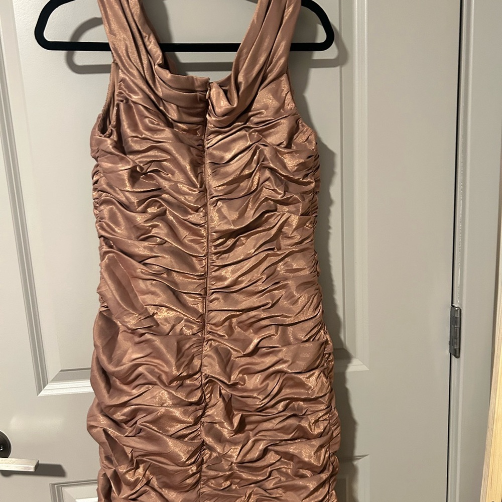 David's Bridal Ruched Tan Mini Dress